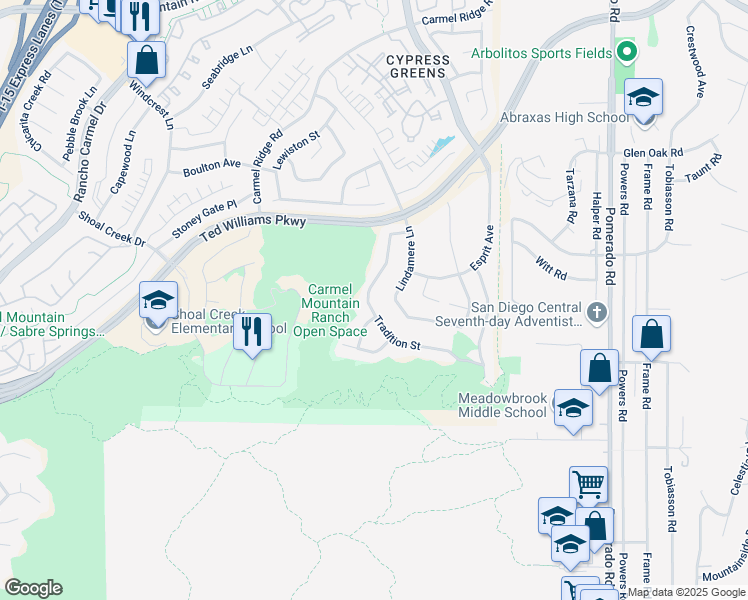 map of restaurants, bars, coffee shops, grocery stores, and more near 13670 Lindamere Lane in San Diego