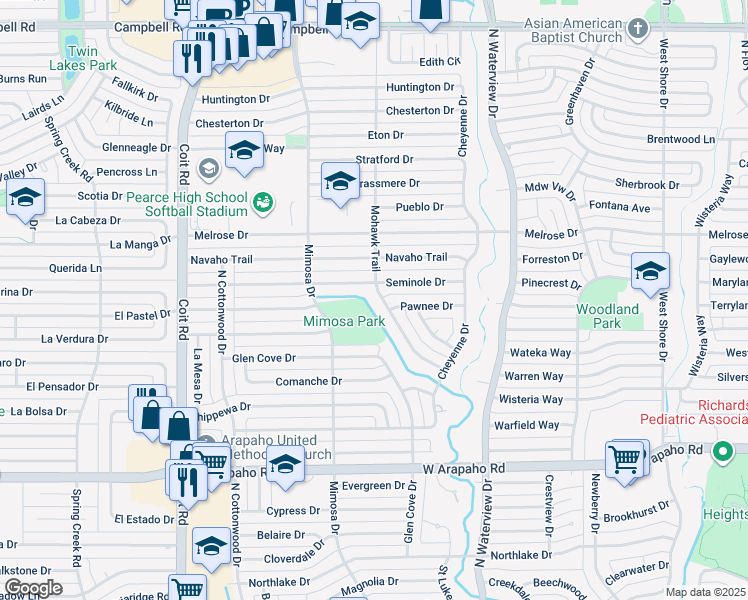 map of restaurants, bars, coffee shops, grocery stores, and more near 1245 Mohawk Trail in Richardson
