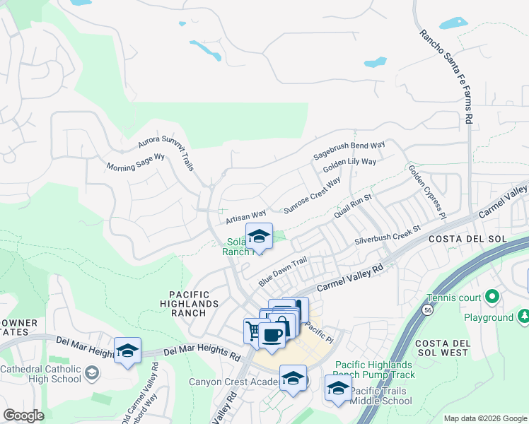 map of restaurants, bars, coffee shops, grocery stores, and more near Artisan Way in San Diego