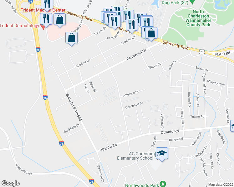 map of restaurants, bars, coffee shops, grocery stores, and more near 8903 Deerwood Drive in North Charleston