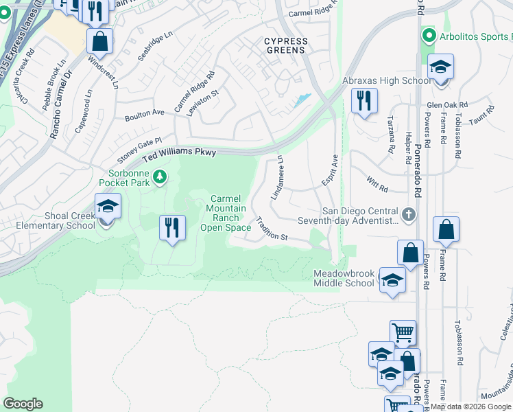 map of restaurants, bars, coffee shops, grocery stores, and more near 13670 Lindamere Lane in San Diego