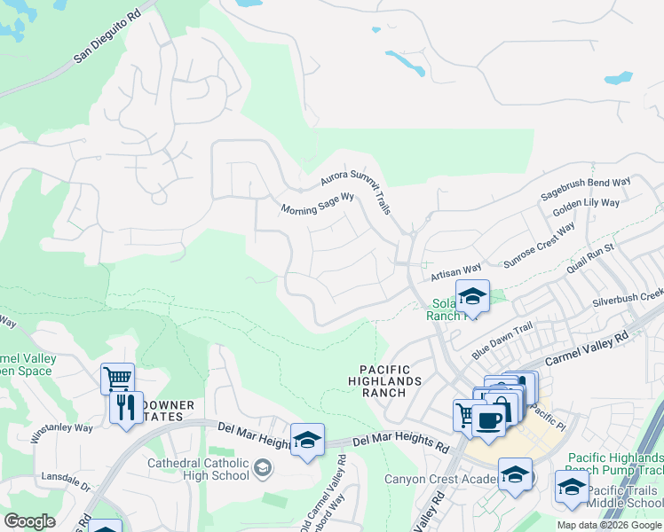 map of restaurants, bars, coffee shops, grocery stores, and more near 5412 Calle Blanca Trails in San Diego