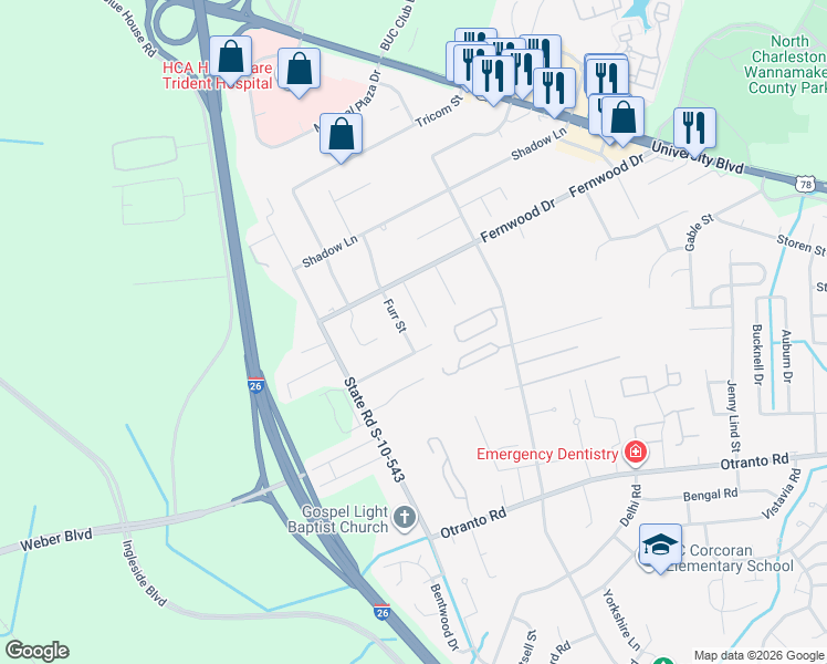 map of restaurants, bars, coffee shops, grocery stores, and more near 8929 Selah Street in North Charleston