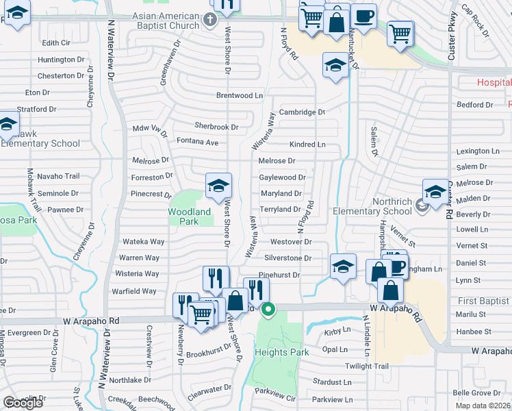 map of restaurants, bars, coffee shops, grocery stores, and more near 1313 Wisteria Way in Richardson
