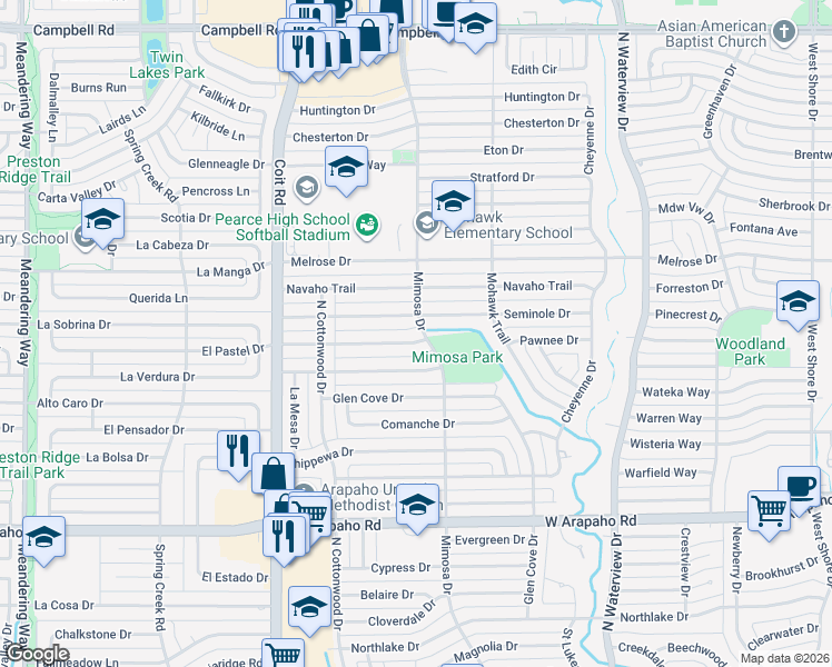map of restaurants, bars, coffee shops, grocery stores, and more near 1300 Chickasaw Drive in Richardson