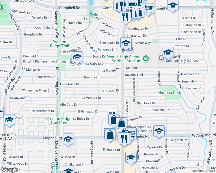 map of restaurants, bars, coffee shops, grocery stores, and more near 7830 La Sobrina Drive in Dallas