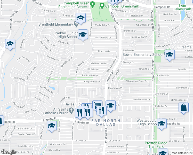 map of restaurants, bars, coffee shops, grocery stores, and more near 6934 Robin Willow Drive in Dallas