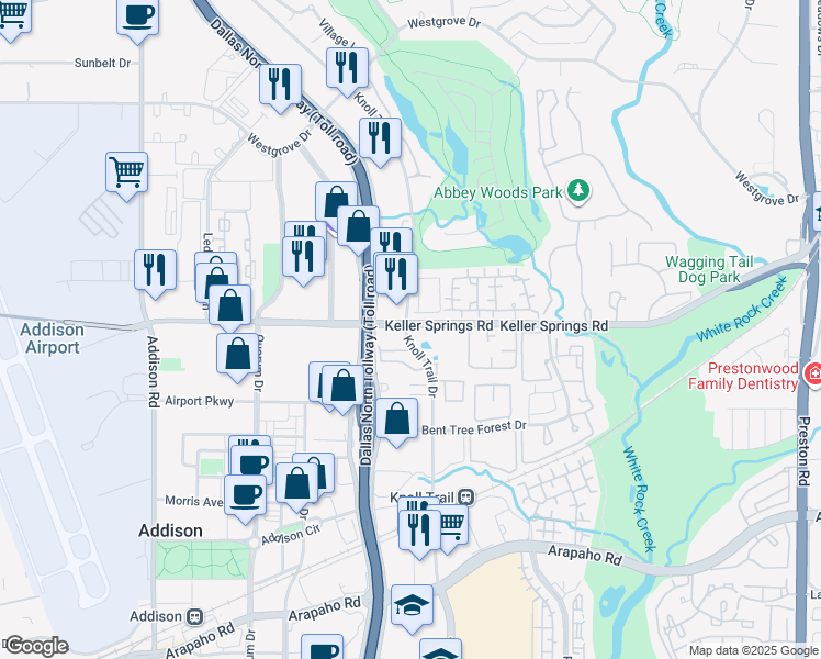 map of restaurants, bars, coffee shops, grocery stores, and more near 5150 Keller Springs Road in Dallas