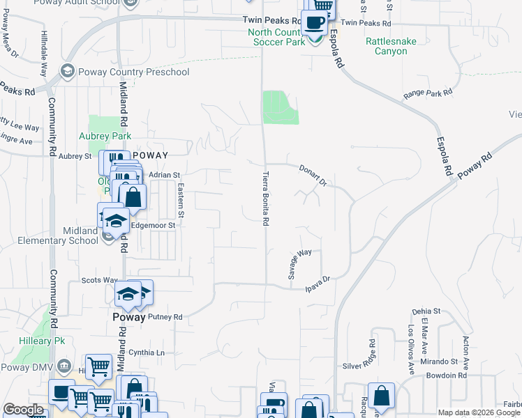 map of restaurants, bars, coffee shops, grocery stores, and more near 14036 Tierra Bonita Road in Poway