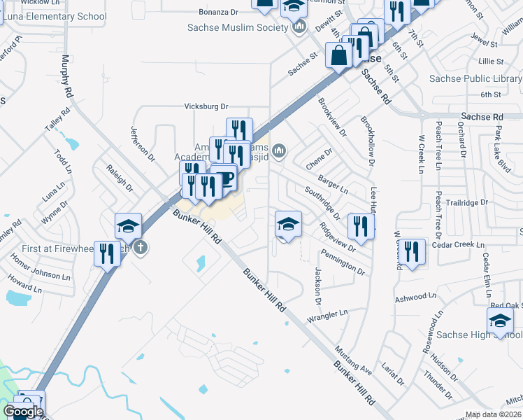 map of restaurants, bars, coffee shops, grocery stores, and more near 2417 Ash Lane in Sachse