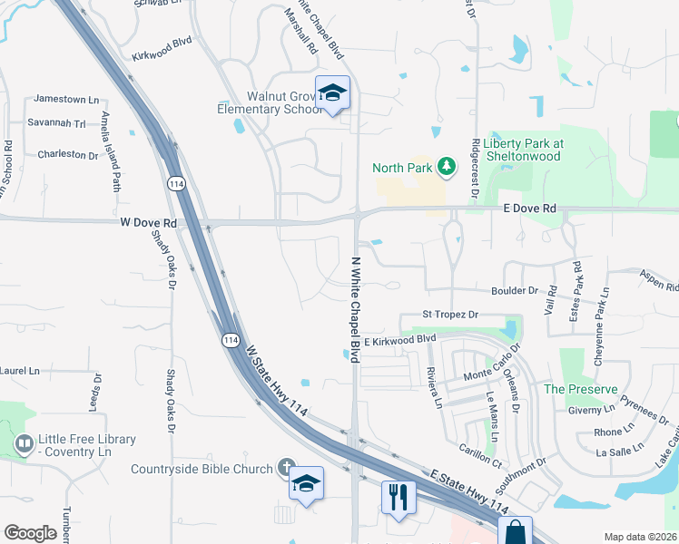 map of restaurants, bars, coffee shops, grocery stores, and more near 2205 Wheeler Drive in Southlake