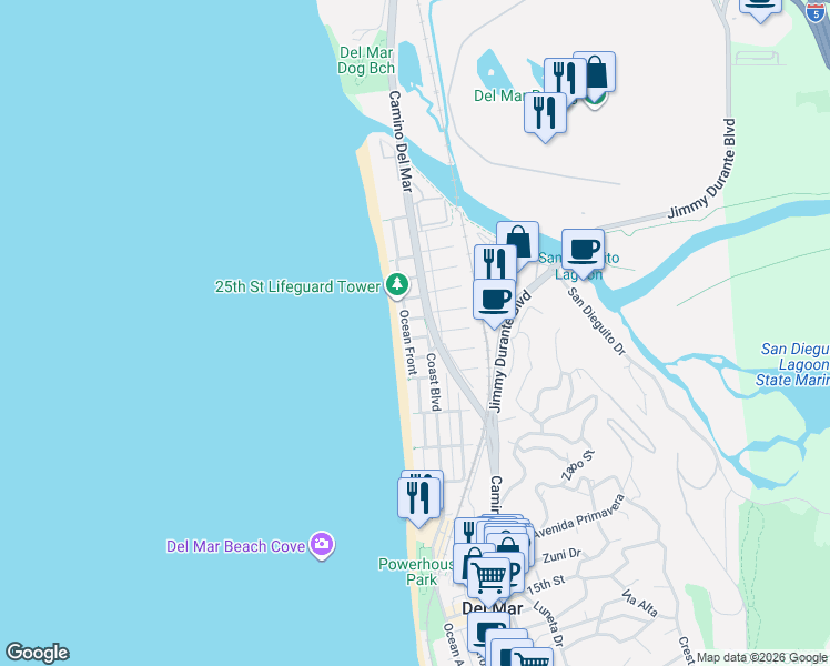 map of restaurants, bars, coffee shops, grocery stores, and more near 136 23rd Street in Del Mar