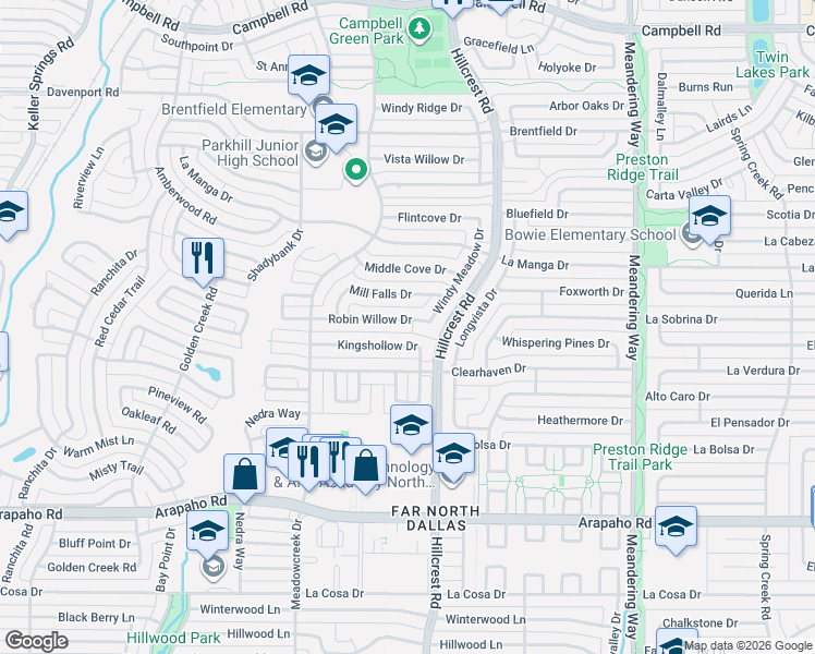 map of restaurants, bars, coffee shops, grocery stores, and more near 6934 Robin Willow Drive in Dallas