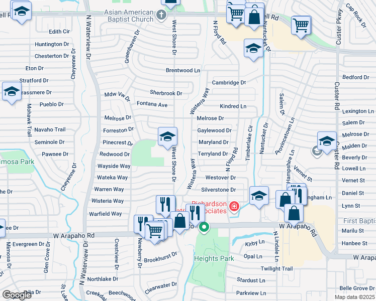map of restaurants, bars, coffee shops, grocery stores, and more near 1313 Wisteria Way in Richardson