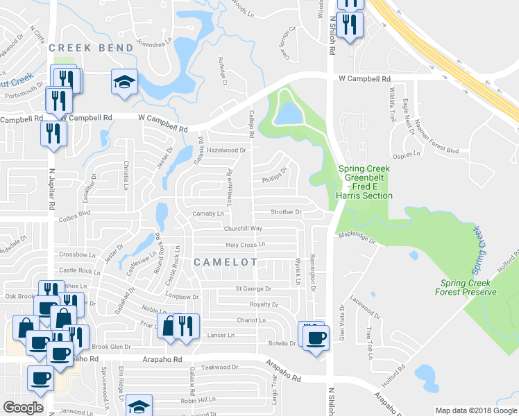 map of restaurants, bars, coffee shops, grocery stores, and more near 2725 Strother Drive in Garland