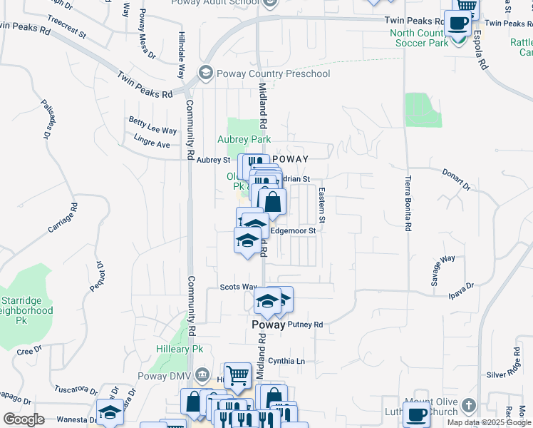 map of restaurants, bars, coffee shops, grocery stores, and more near 14043 Midland Road in Poway