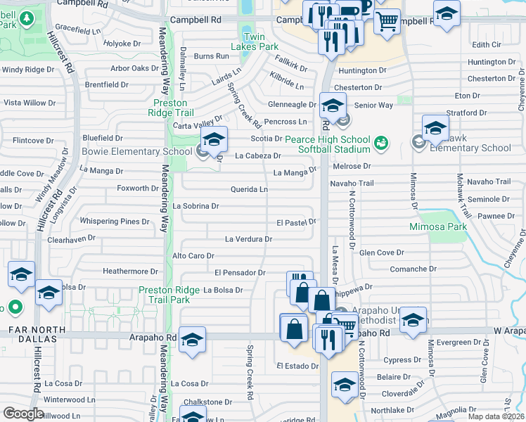 map of restaurants, bars, coffee shops, grocery stores, and more near 7776 La Sobrina Drive in Dallas
