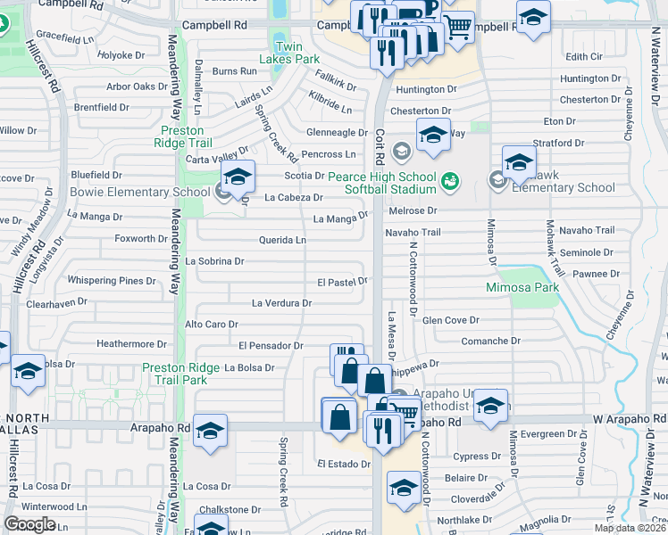 map of restaurants, bars, coffee shops, grocery stores, and more near 7830 La Sobrina Drive in Dallas