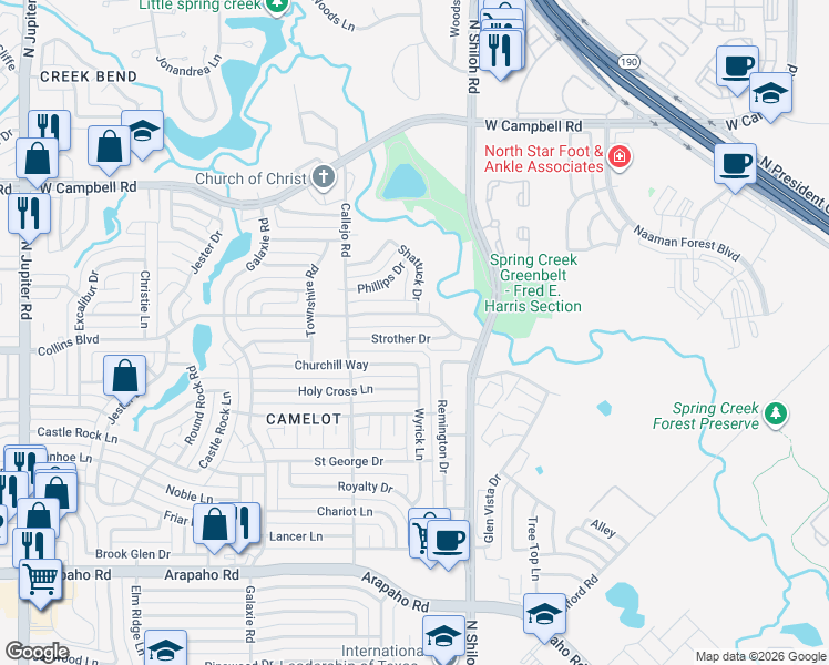 map of restaurants, bars, coffee shops, grocery stores, and more near 2609 Strother Drive in Garland