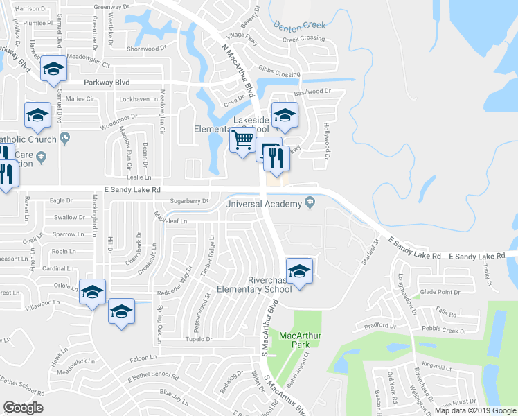 map of restaurants, bars, coffee shops, grocery stores, and more near 117 South MacArthur Boulevard in Coppell
