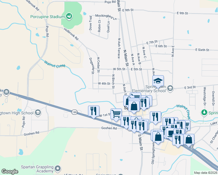 map of restaurants, bars, coffee shops, grocery stores, and more near 308 West 3rd Terrace in Springtown