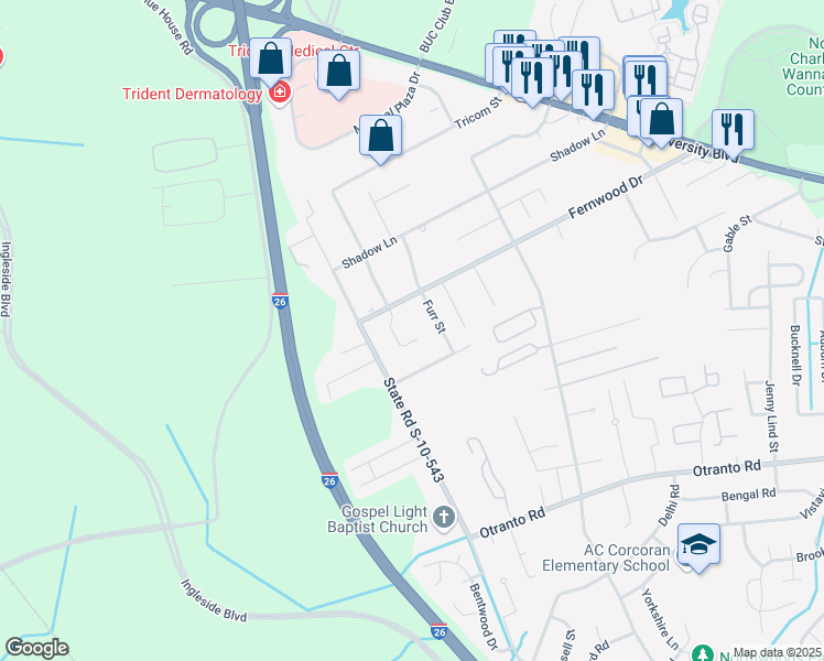 map of restaurants, bars, coffee shops, grocery stores, and more near 8970 Buck Run Court in North Charleston