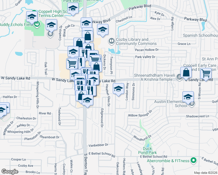 map of restaurants, bars, coffee shops, grocery stores, and more near 112 Heather Glen Dr in Coppell