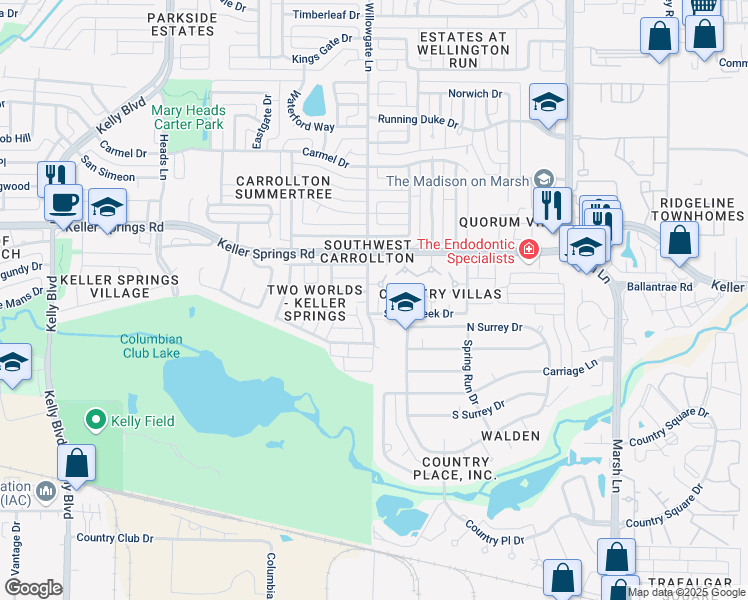 map of restaurants, bars, coffee shops, grocery stores, and more near 2108 Willowgate Lane in Carrollton