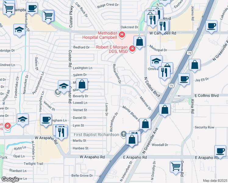 map of restaurants, bars, coffee shops, grocery stores, and more near 1475 Richardson Drive in Richardson