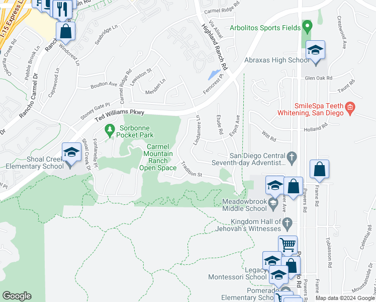 map of restaurants, bars, coffee shops, grocery stores, and more near 13670 Lindamere Lane in San Diego