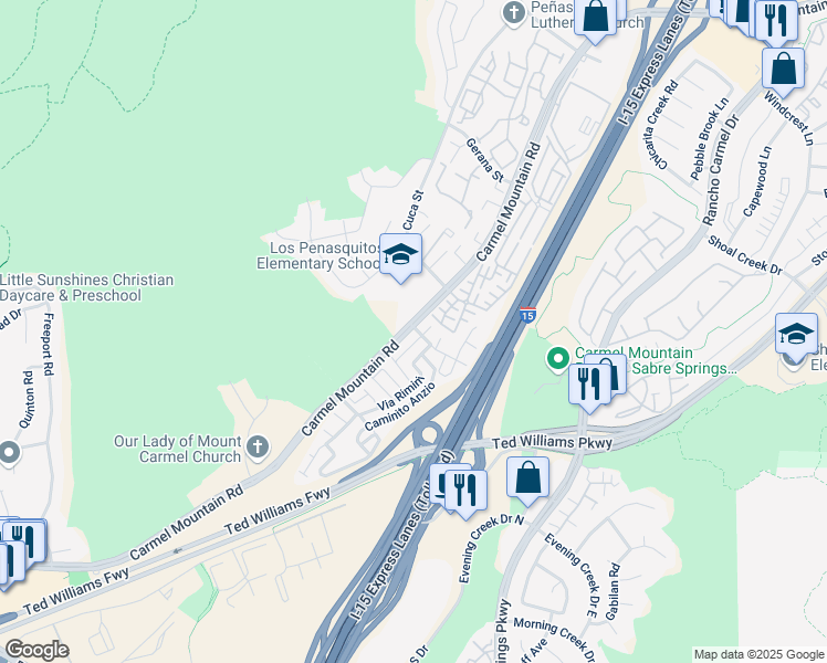 map of restaurants, bars, coffee shops, grocery stores, and more near 10669 Carmel Mountain Road in San Diego