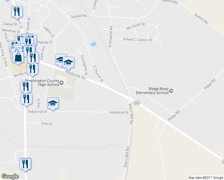 map of restaurants, bars, coffee shops, grocery stores, and more near 734 Riddleville Road in Sandersville