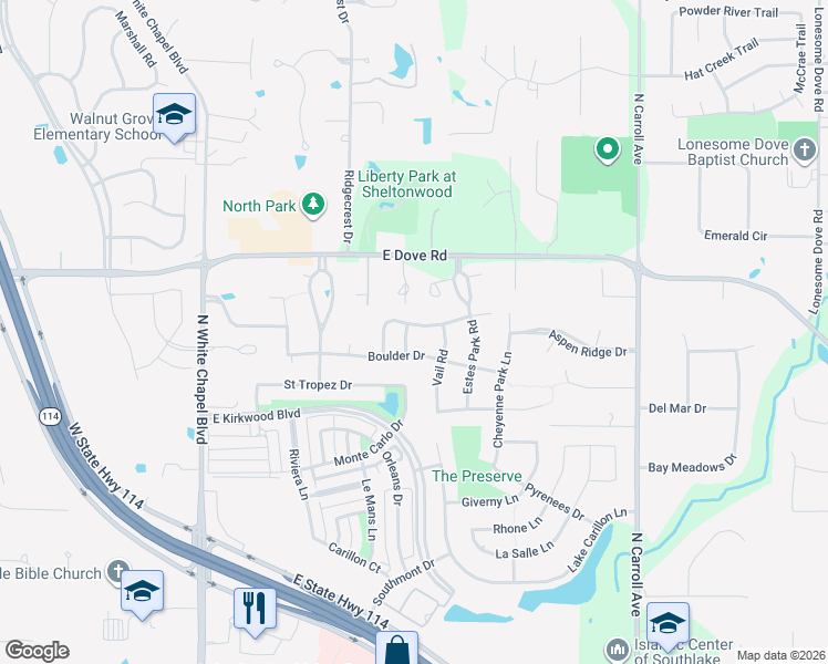 map of restaurants, bars, coffee shops, grocery stores, and more near 2109 Denver Drive in Southlake