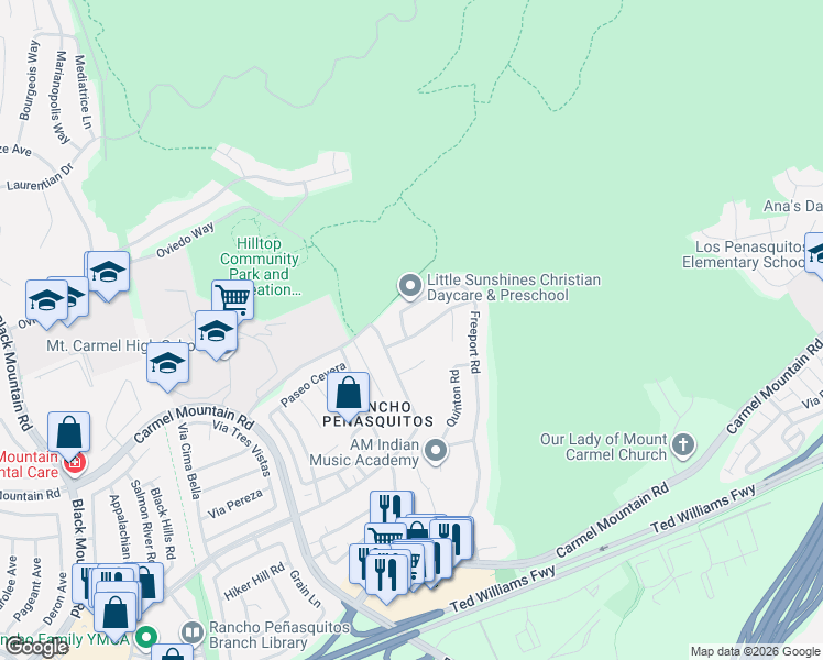 map of restaurants, bars, coffee shops, grocery stores, and more near 10005 Branford Road in San Diego