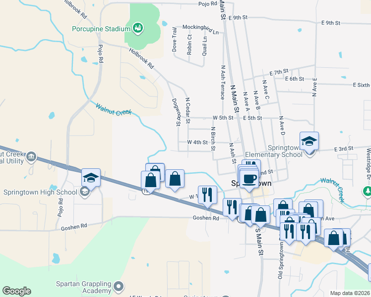 map of restaurants, bars, coffee shops, grocery stores, and more near 324 West 3rd Terrace in Springtown