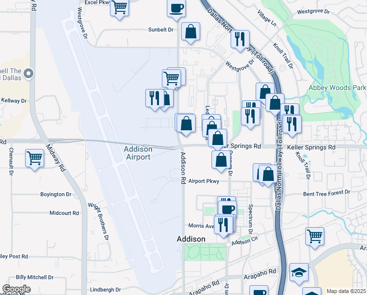 map of restaurants, bars, coffee shops, grocery stores, and more near 16051 Addison Road in Addison