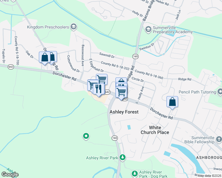 map of restaurants, bars, coffee shops, grocery stores, and more near 113 County Road S-18-242 in Summerville