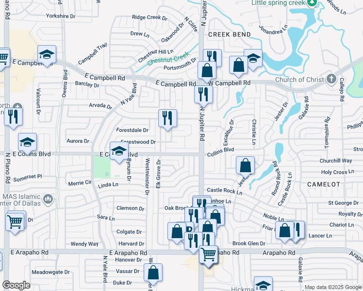 map of restaurants, bars, coffee shops, grocery stores, and more near 2015 Forestwood Drive in Richardson