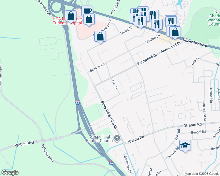 map of restaurants, bars, coffee shops, grocery stores, and more near 8966 Buck Run Court in North Charleston