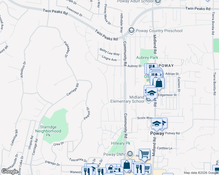 map of restaurants, bars, coffee shops, grocery stores, and more near 14063 Hermosillo Way in Poway