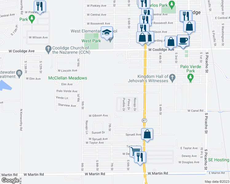 map of restaurants, bars, coffee shops, grocery stores, and more near 928 West Verde Lane in Coolidge