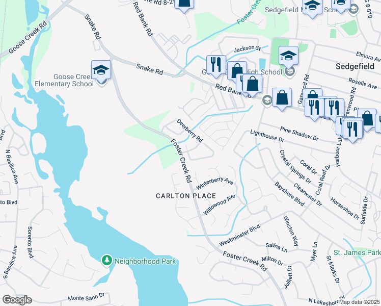map of restaurants, bars, coffee shops, grocery stores, and more near 1298 Hibiscus Drive in Hanahan