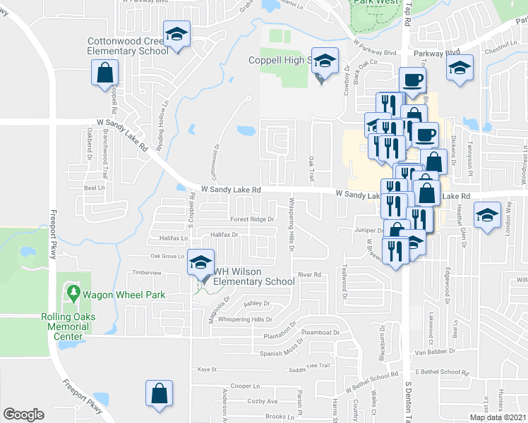 map of restaurants, bars, coffee shops, grocery stores, and more near 118 Woodland Cove in Coppell
