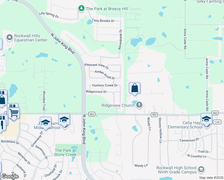 map of restaurants, bars, coffee shops, grocery stores, and more near 3422 Ridgecross Drive in Rockwall