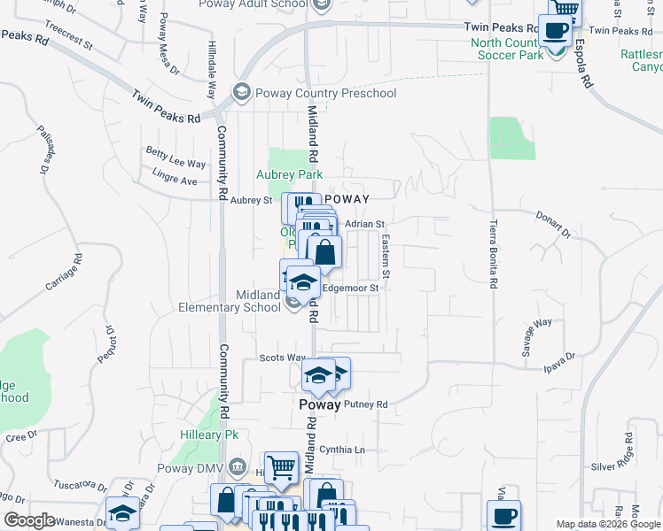 map of restaurants, bars, coffee shops, grocery stores, and more near 14045 Brighton Avenue in Poway
