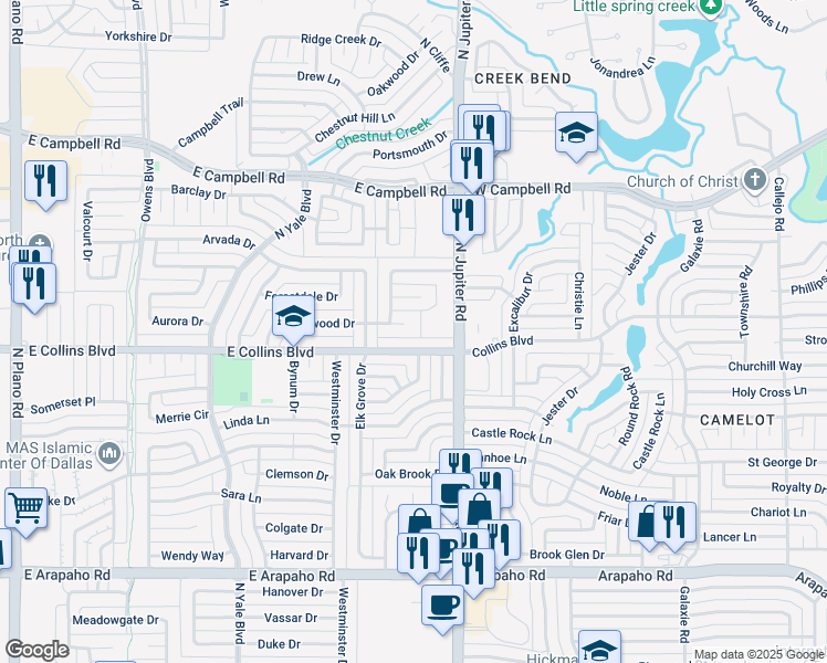 map of restaurants, bars, coffee shops, grocery stores, and more near 2015 Forestwood Drive in Richardson