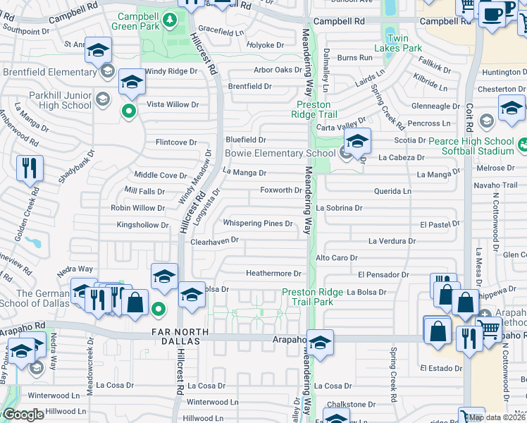 map of restaurants, bars, coffee shops, grocery stores, and more near 7316 La Sobrina Drive in Dallas