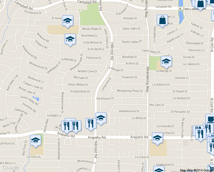map of restaurants, bars, coffee shops, grocery stores, and more near 16060 Longvista Dr in Dallas