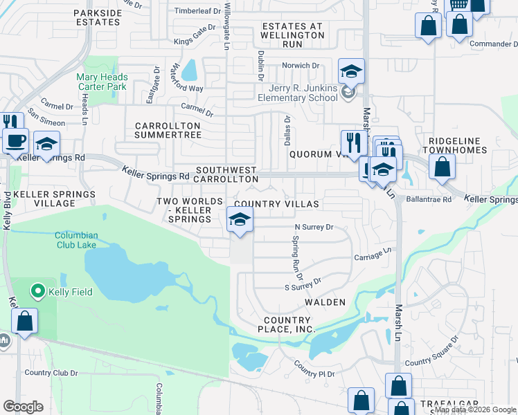 map of restaurants, bars, coffee shops, grocery stores, and more near 2710 Heather Glen Court in Carrollton