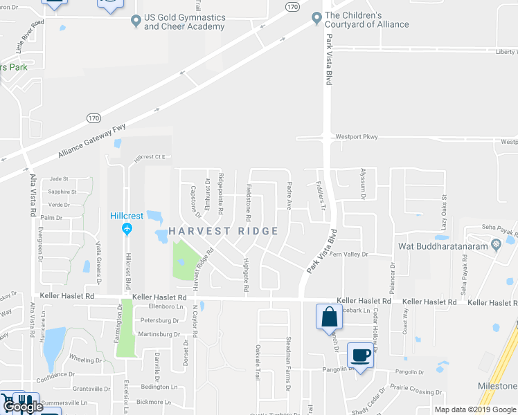 map of restaurants, bars, coffee shops, grocery stores, and more near 13220 Fieldstone Road in Fort Worth